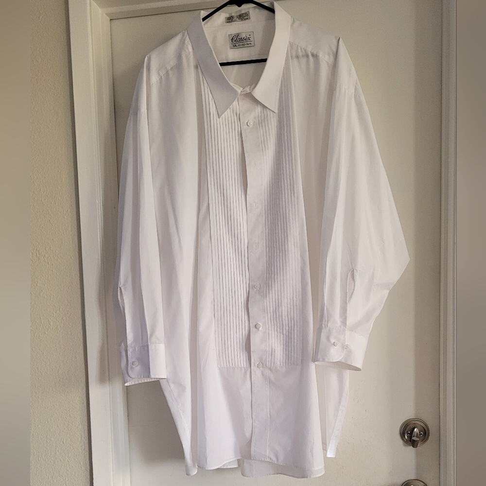 Big & Tall 5XL White Tuxedo Dress Shirt Pleated Front 22-22.5 34/35